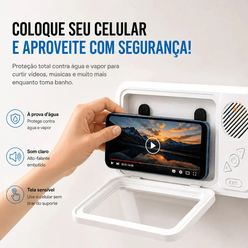BoxPlay™ | Use seu celular no banho com som potente e proteção total