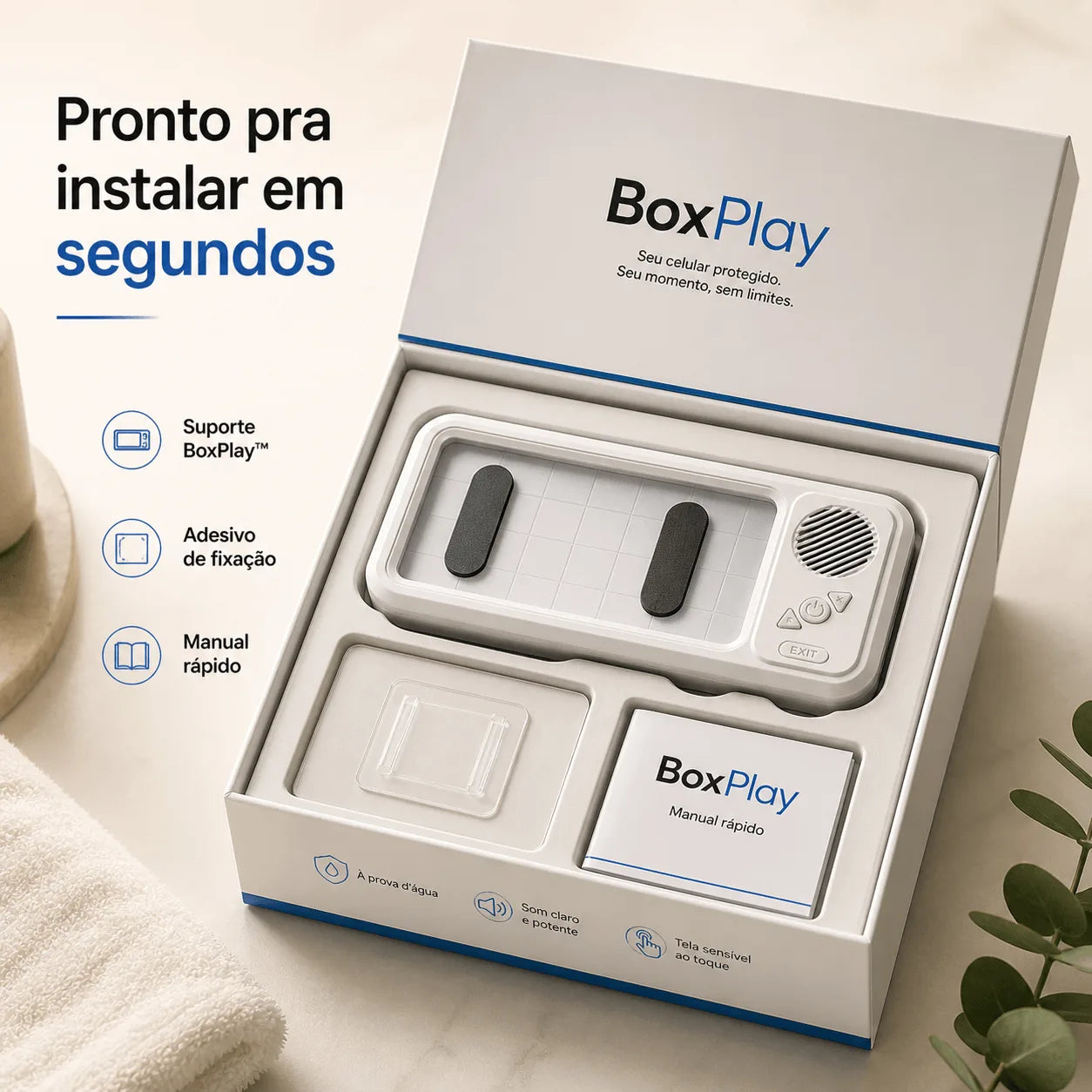 BoxPlay™ | Use seu celular no banho com som potente e proteção total